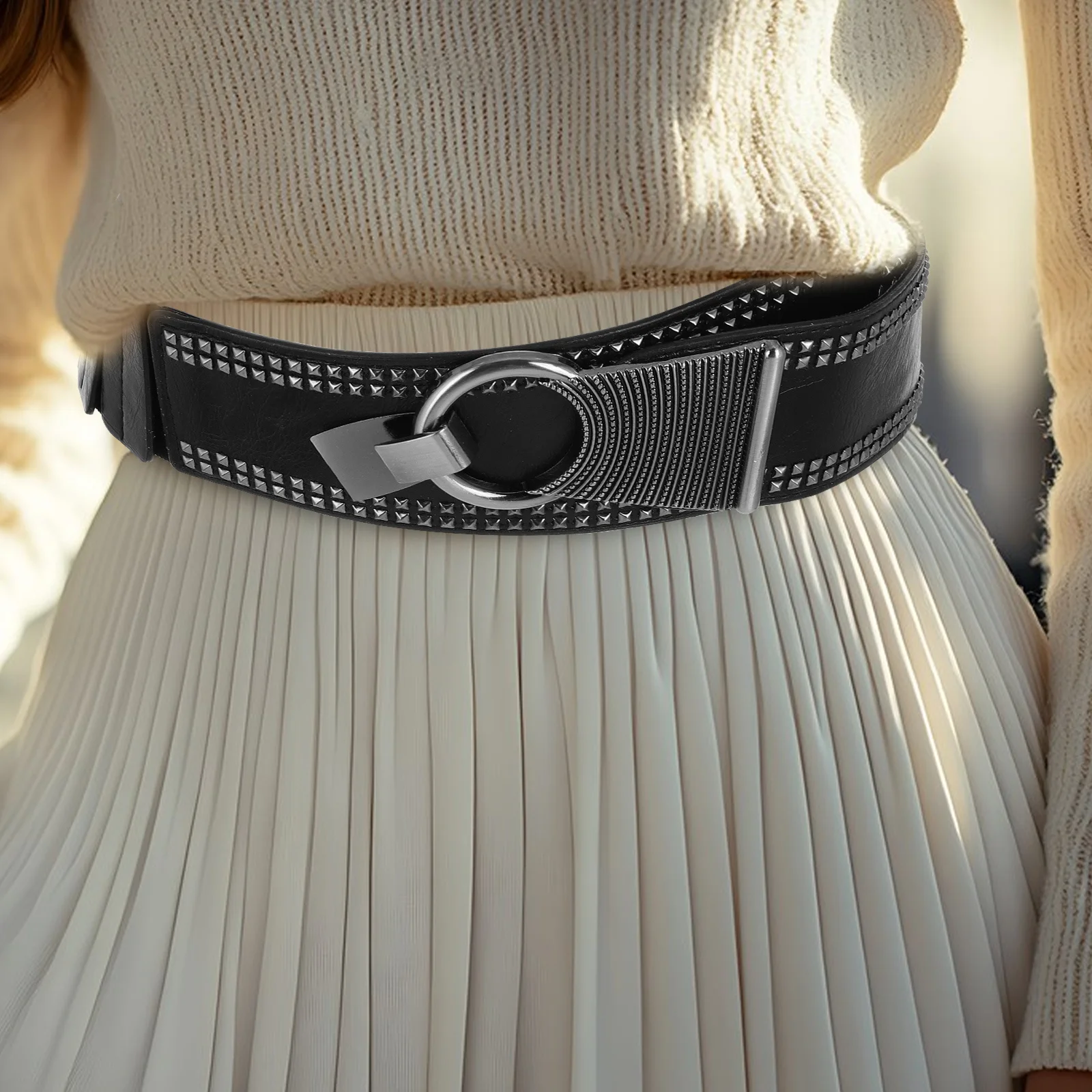 Fashion Punk Style Elastic Waist Belt for Women Studded Wide PU Buckle Belt for Dresses Jeans Casual Wear