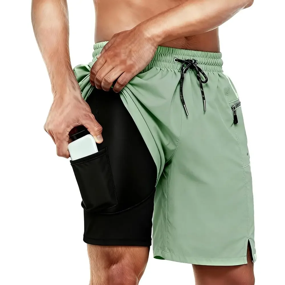 

Mens Swim Trunks with Compression Liner 2 in 1 Quick Dry 9\ Zipper Pockets Board Shorts for Surfing Beach Gym