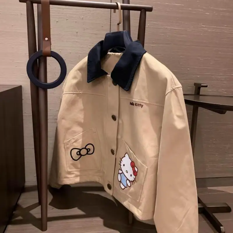 Hello Kitty Top Cappotto Ragazze Bella Giacca retrò a maniche lunghe Y2K Felpa Hot Cartoon Risvolto Casual Versatile Abbigliamento da lavoro da strada