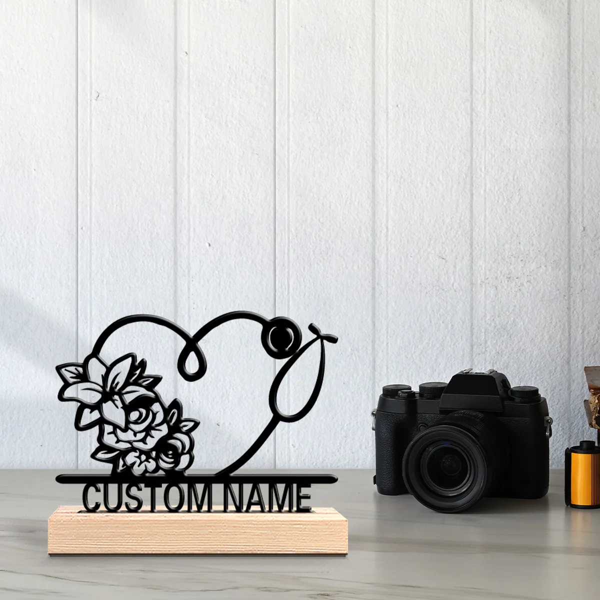 1pc Simple flower Stethoscope Custom Text Metal Statue Art Figurine With Wood Base Iron Sculpture For Children Gifts