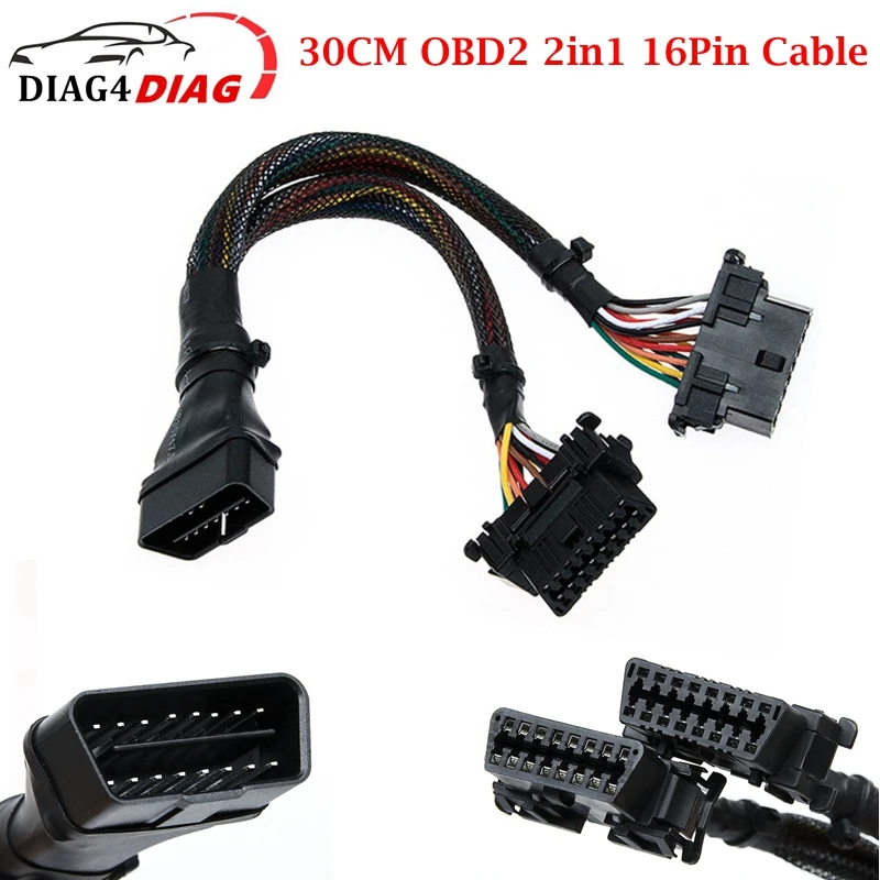 

30CM 2 in 1 Cable OBD2 One To Two Extension Cables 16pin OBD 2 Extender Adapter Diagnostic Tools