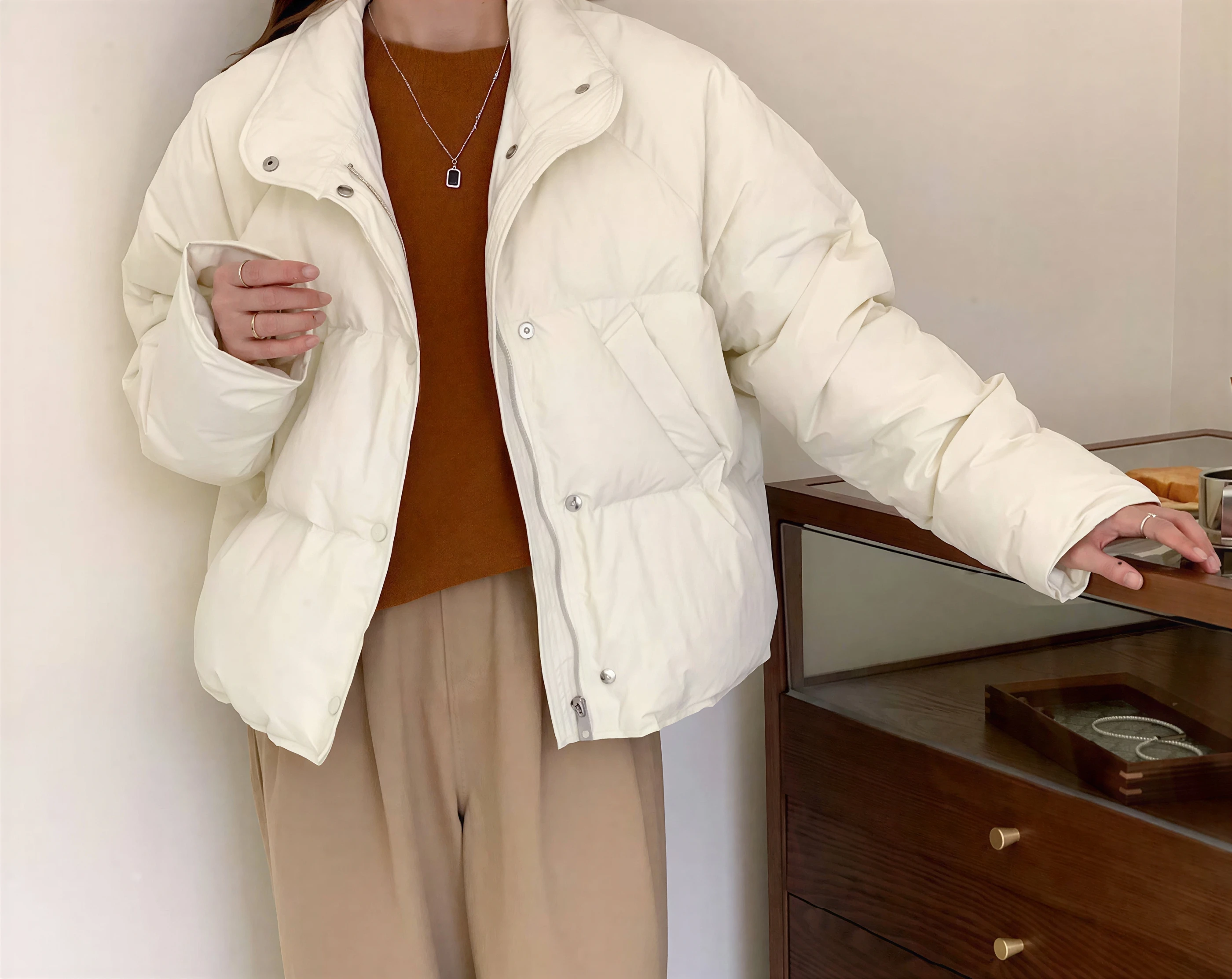 

Parkas Womens Parka Coat With Real Fur Winter Down Padded-Cotton Splicing Adjustable Drawstring Short-Style Standneck Simple Ins