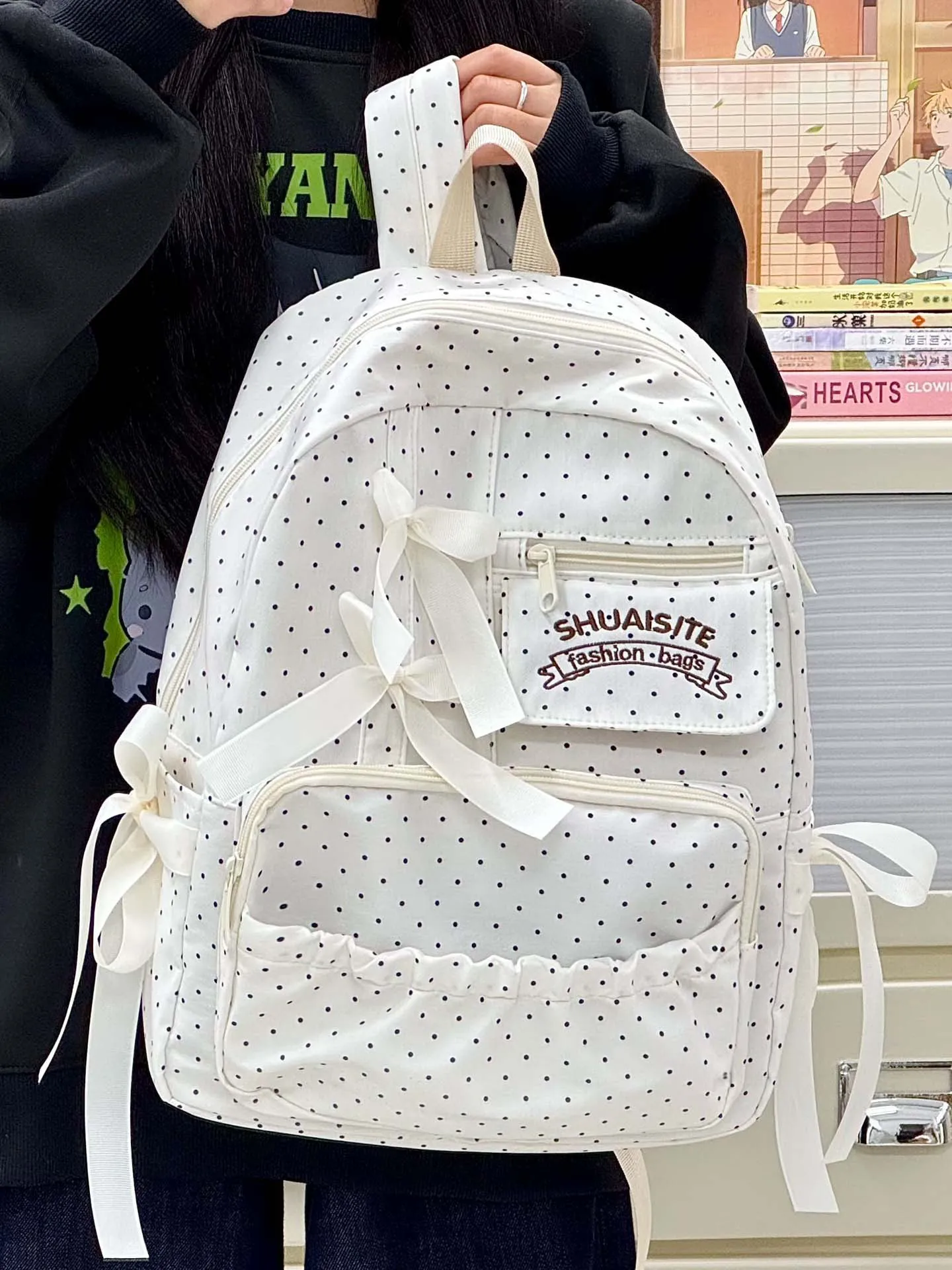 Simple Polka Dot Bow Backpack Multi Color Option Soft Girl Large Capacity Student Outdoor Commute Casual Rucksack