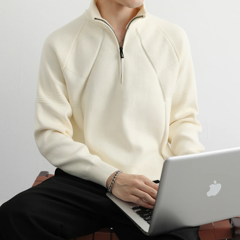 

Autumn Half-zip Sweater Thickened Warm Long-sleeved Men's Solid Color Pullover Knitted Sweater Bottoming T-shirt High Collar
