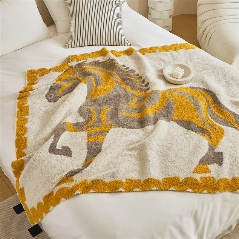 Luxury Plush Horse Pattern Throw Blanket | Soft Cozy Reversible Blanket | Modern Nordic Yellow Blue Warm Tone Sofa Bed Decor