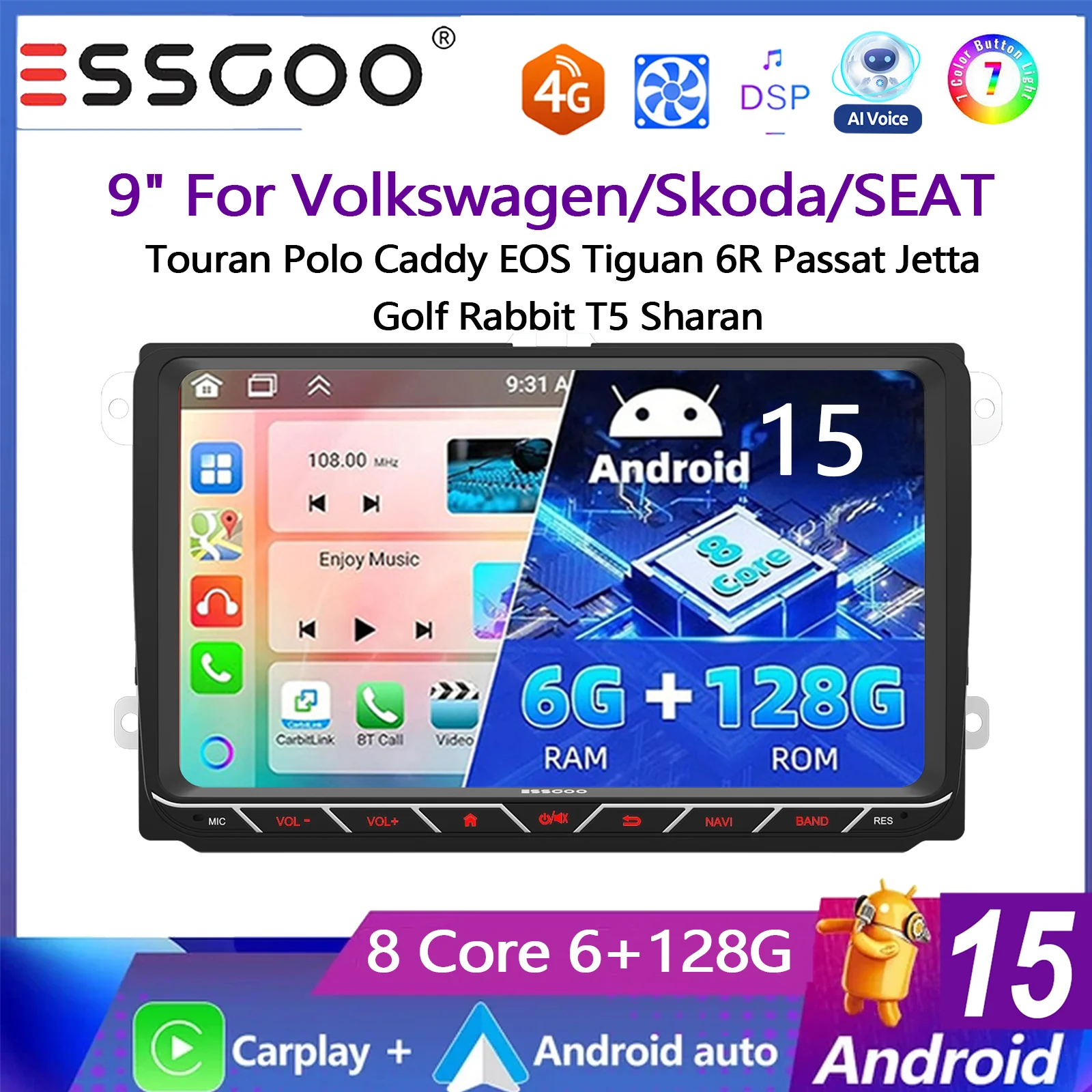 Essgoo 9" Android 15 6+128G 4G für Seat/Skoda/VW Golf 5 6 Passat Polo Touran Tiguan Jetta Vento DSP Autoradio Wireless Carplay Android Auto GPS Navi FM AM Wifi Bluetooth AI Sprachsteuerung Mirror Link