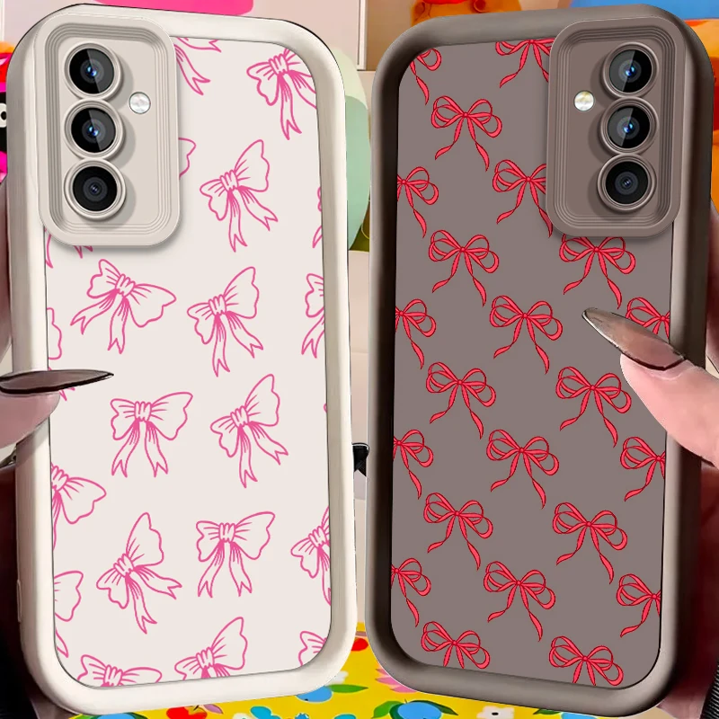 Thin Outline Pink Bow Soft Phone Case for Samsung Galaxy A37 A36 A35 A34 A33 A32 A26 A24 A23 A17 A16 A15 A14 A13 A12 4G 5G Cover