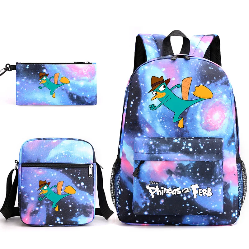 3pcs Disney Phineas And Ferb Teenager Students Backpacks Schoolbags Pencil Case Shoulder Bags Boys Girls School Bags Sets