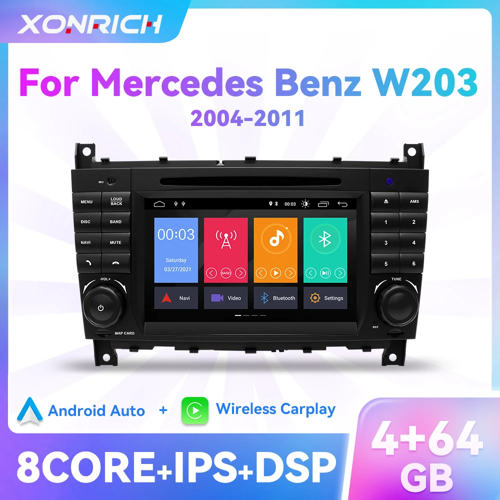 4GB Carplay 2Din Android 11 Car DVD Player For Mercedes/Benz W203 W219 A-Class A160 C-Class C200 CLK200 GPS Radio Navigation DSP