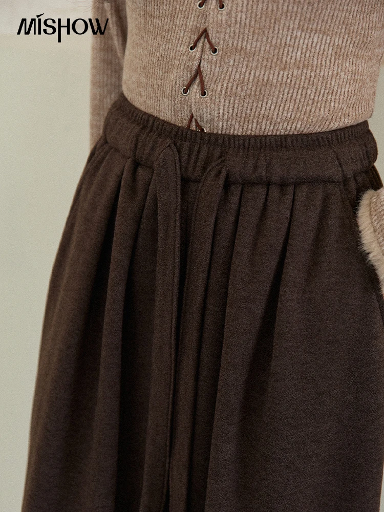 MISHOW Marrone Pantaloni a gamba larga per le donne2025 Inverno Addensato Caldo Coulisse Cintura Retro Pantaloni Casual Donna MXE87K1126