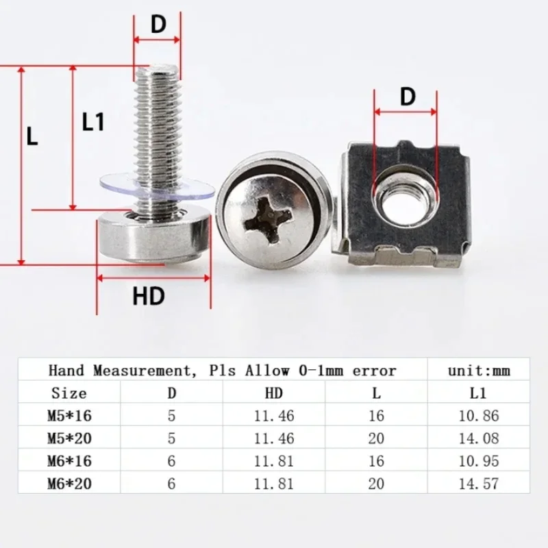 Cage Nuts Bolts Washers Metric Square Hole Hardware Server Rack Screw Mount Clip Nuts Assortment Kit Set M5 M6