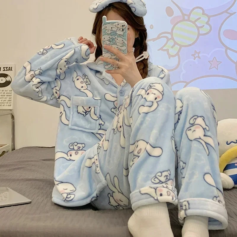 Sanrio Cinnamoroll Plush Two Piece Pajamas Melody Y2k Cartoon Cute Pajamas Loungewear Set Fleece Flannel Pullover Pajamas