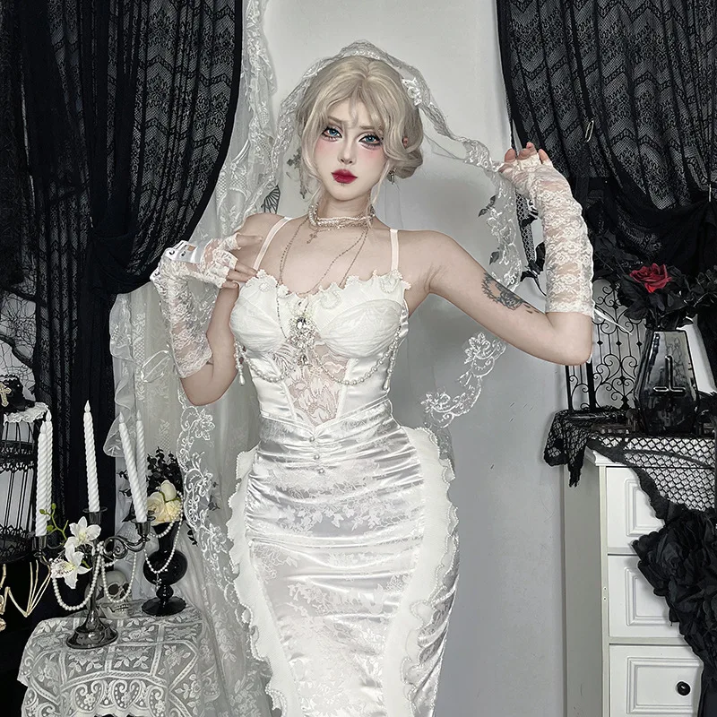 

2026 New Women's Dark Gothic Lolita Mermaid Skirt Pearl Decor High Waist Hip Wrapped Fishtail Long Skirt For Party Streetwear