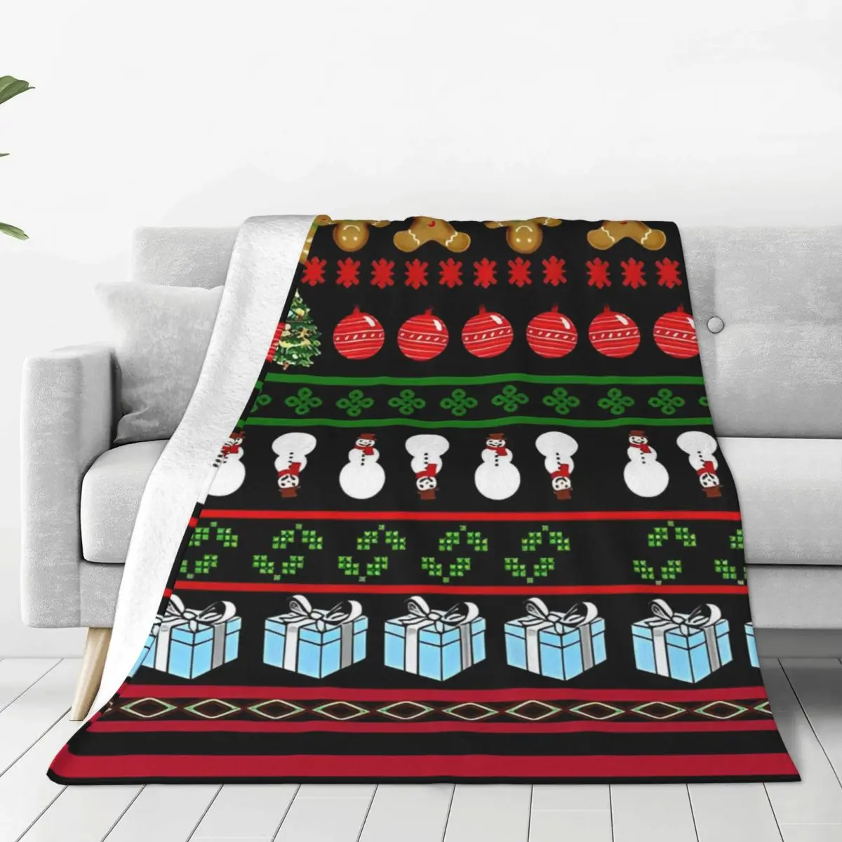 Adorable Ugly Christmas Sweater Black Background Blankets Camping Flannel Throw Blanket For Couch Bed Warm Bedspread Gift Idea