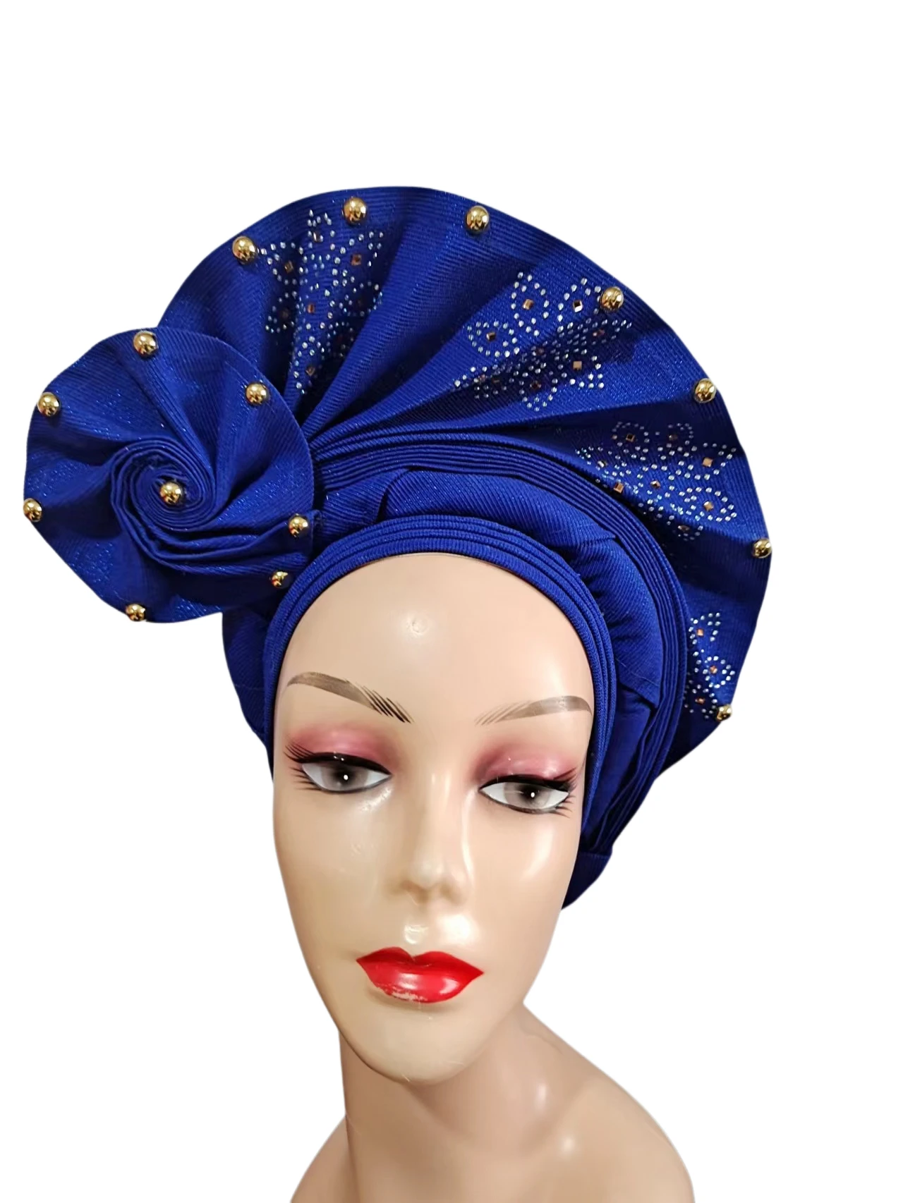 

High Quality African Headtie Gele Handmade Beads and Stones Auto Gele Nigerian Wedding Hatwraps African Bride Head Wrap Making