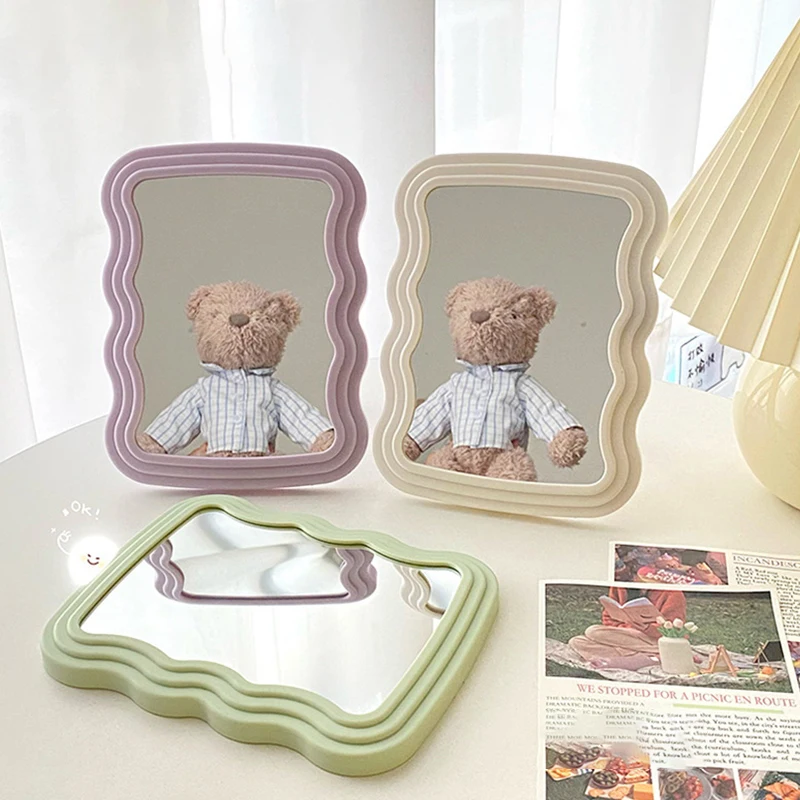 Espelho de maquiagem de mesa ondulado cor sólida simples portátil espelho de maquiagem dobrável estudante compacto bonito espelho