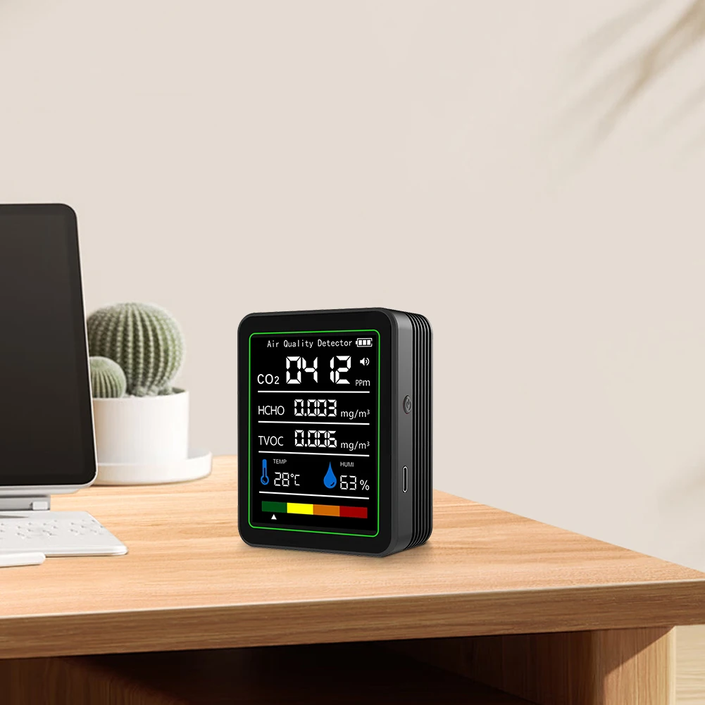 5 في 1 شاشة الفورمالديهايد شاشة ديجيتال كاشف ثاني أكسيد الكربون جهاز مراقبة درجة الحرارة والرطوبة للكشف عن جودة الهواء