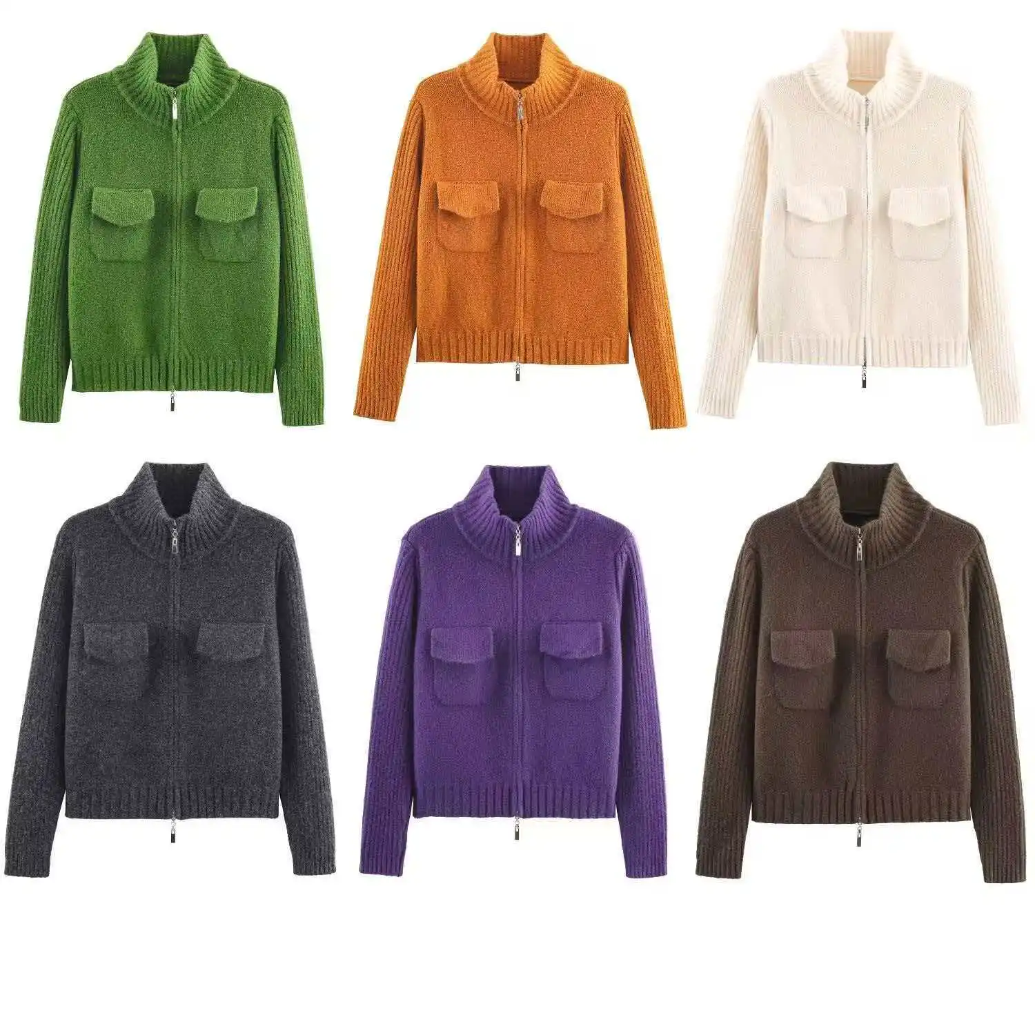 

Autumn Winter Women's Double Zipper Cardigan Jacket Vintage Jumper Knit Turn-down Collar Long Sleeves Sweater Cashmere Sweater