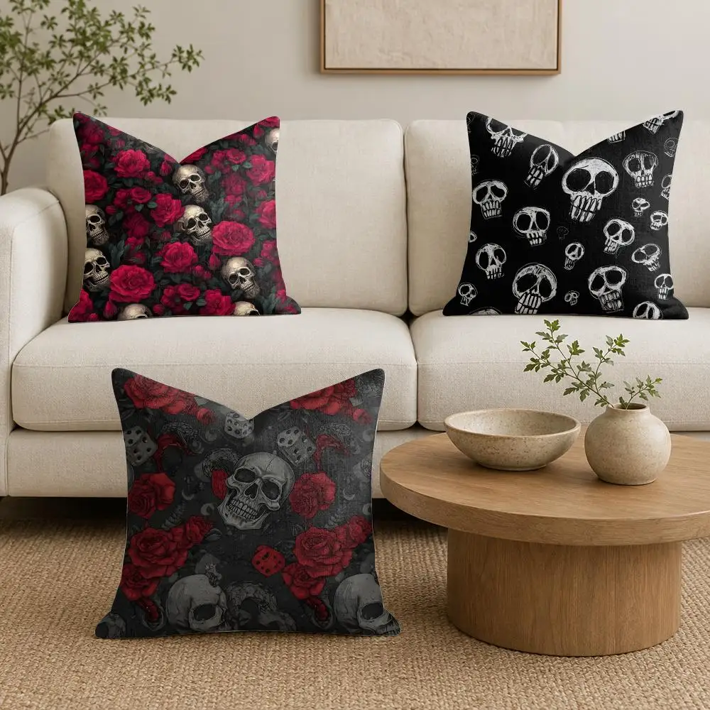 Skull & Red Rose Cushion Cover Plush Fabric Soft Double-Sided Printed Sofa Warm Winter Home Gift Pillow Cover