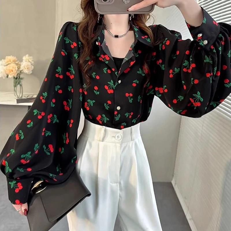 Women\'s Vintage Print Lantern Long Sleeve Button Up Shirt Office Lady Commute Elegant Chic Blouse Spring Autumn Lapel Loose Tops