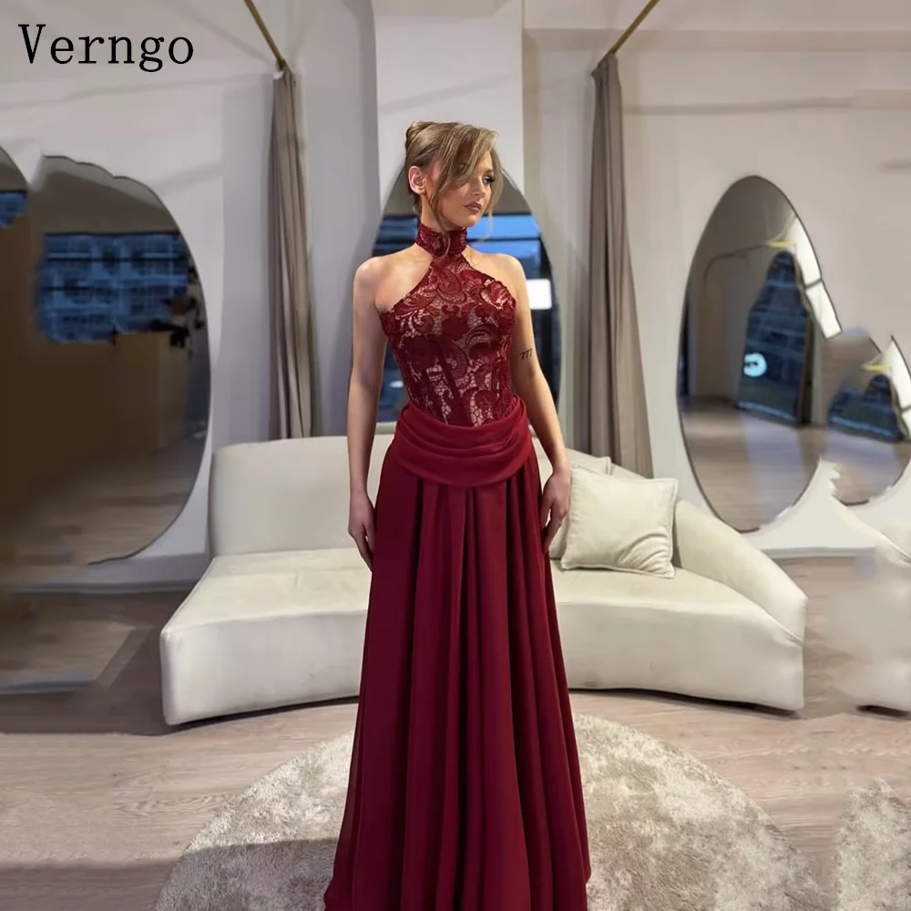 

Verngo Burgundy Lace Evening Dress Halter A Line Pleated Formal Occasion Dress Elegant Saudi Arabia Prom Gowns Customized