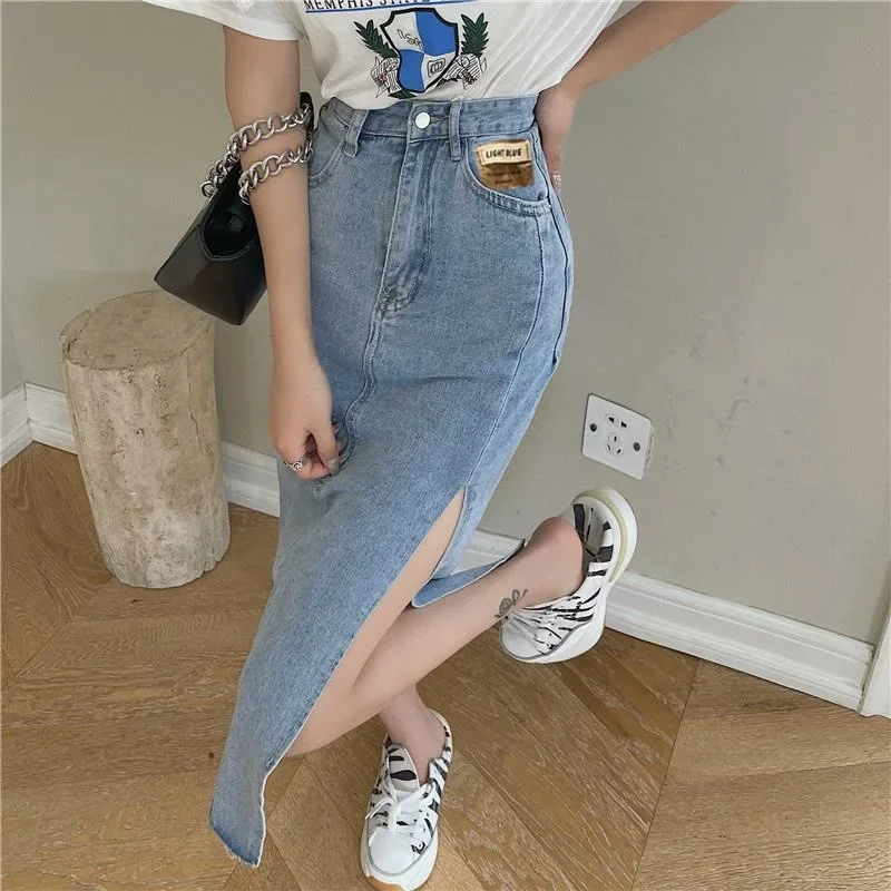 

High Waist Side Split Denim Skirt Women's Summer Slim A-Line Skirt Spicy Girls Wrap Hip Length Skirt Korean Fashion Long Skirts