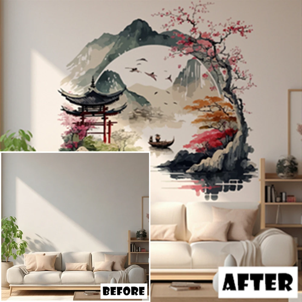 Ink Landscape Wall Stickers Removable Vinyl Zen Pavilion Sakura Art Mural Self Adhesive Wallpaper for Living Room Bedroom Decor