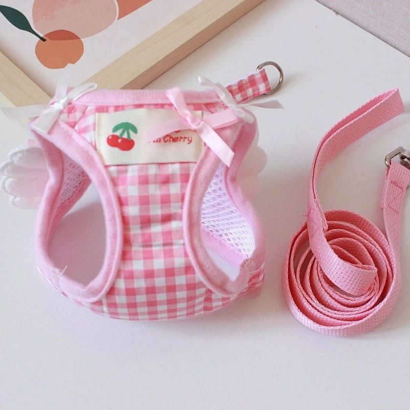 New Design Pet Dog Harness Set Pink Lattice Angel Wings Decorate Polyester Chest Traction for Small Puppy Bow Tie Soft Cat Leash