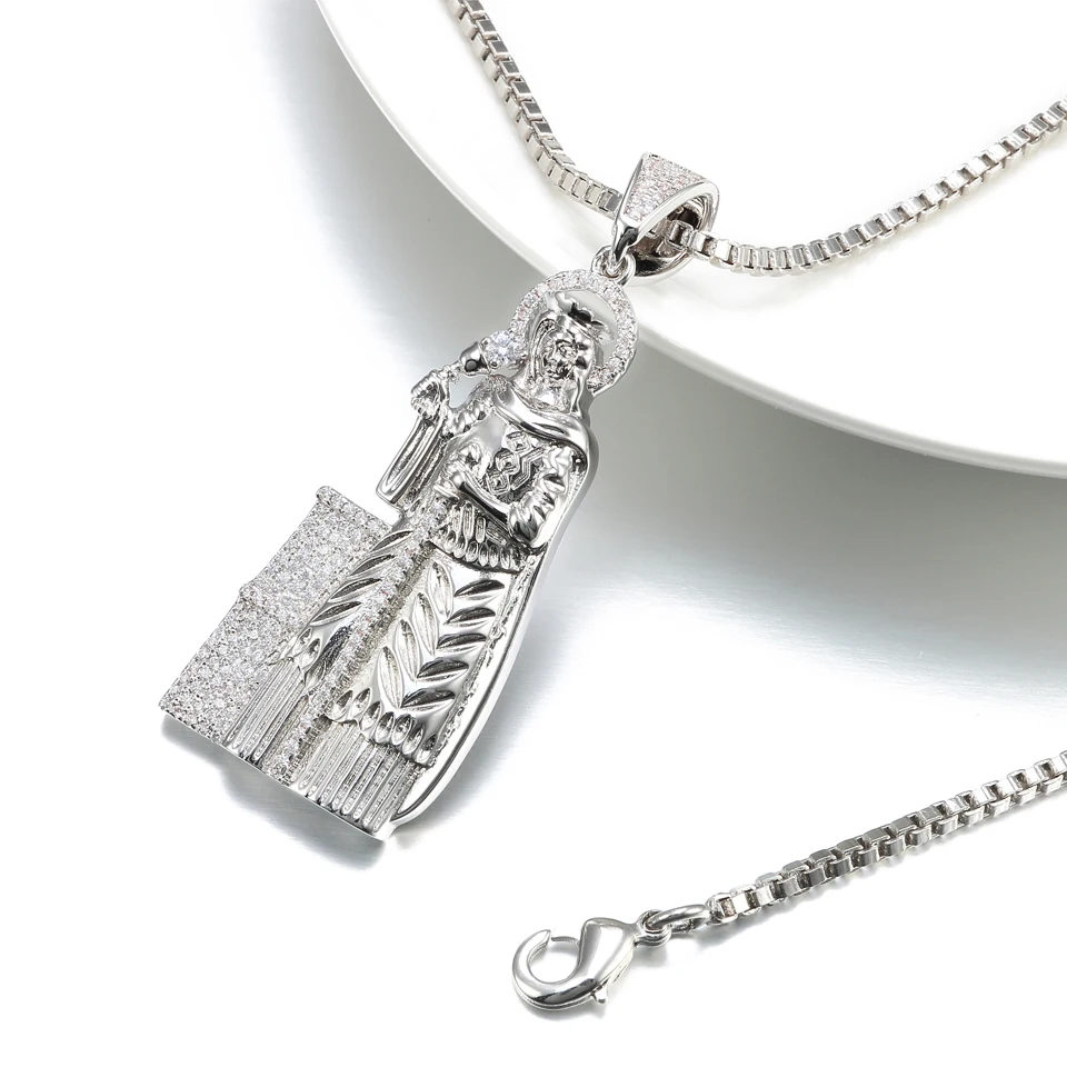 

VANAXIN Saint Jude Necklace Pendant Men Women 14k Gold Plated Cubic Zirconia Jewelry Necklace San Judas Pendant Figaro Chain