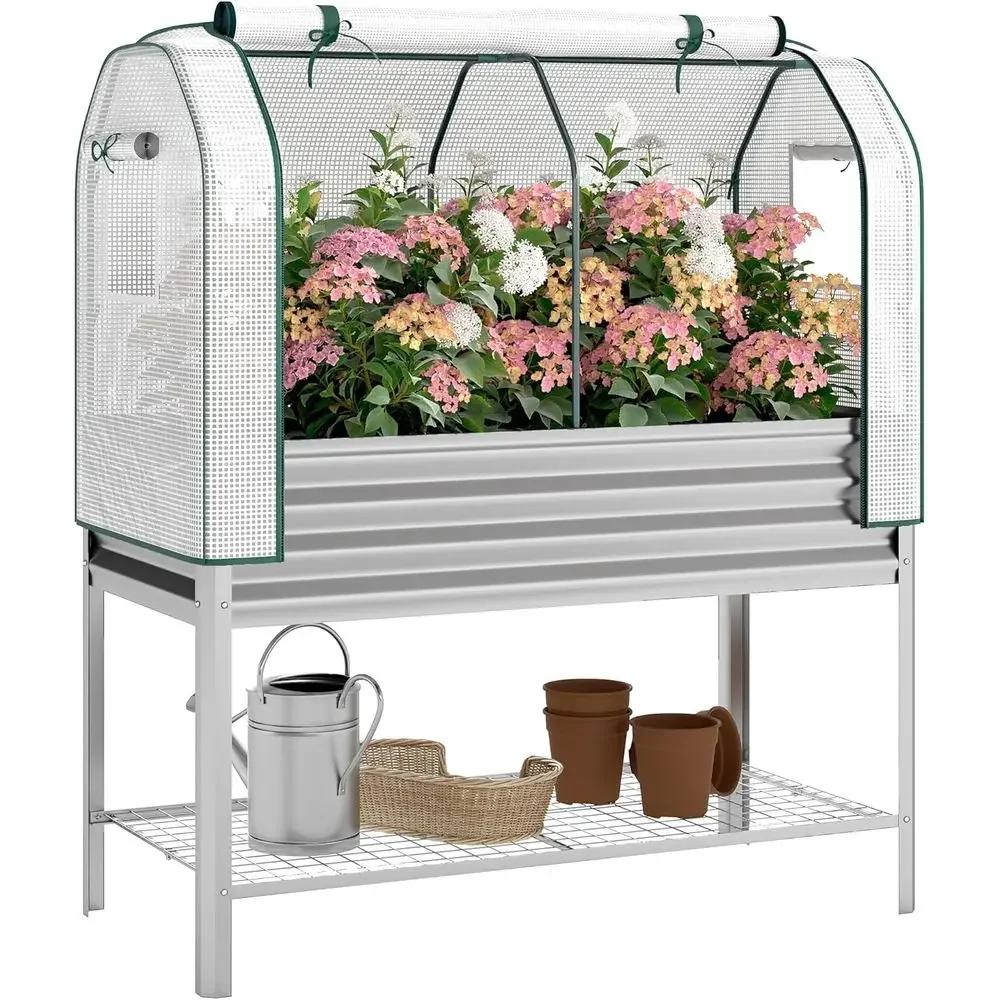 Raised Metal Garden Bed with Greenhouse, Elevated Planter for Vegetables, Herbs, and Flowers, Silver