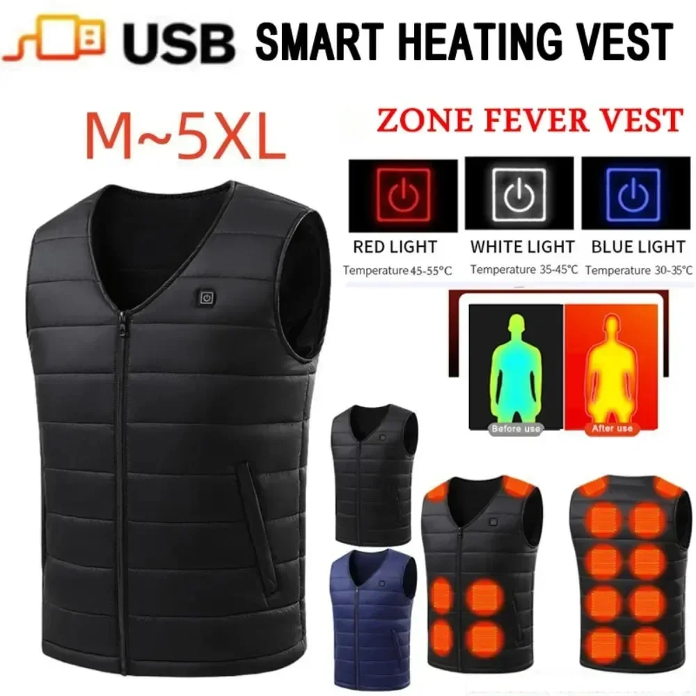 10-12 Areas Heated Vest V Neck Smart Control Temperature Heating Cotton Coat Winter Skiing Hiking Camping Anti-Cold Jacket