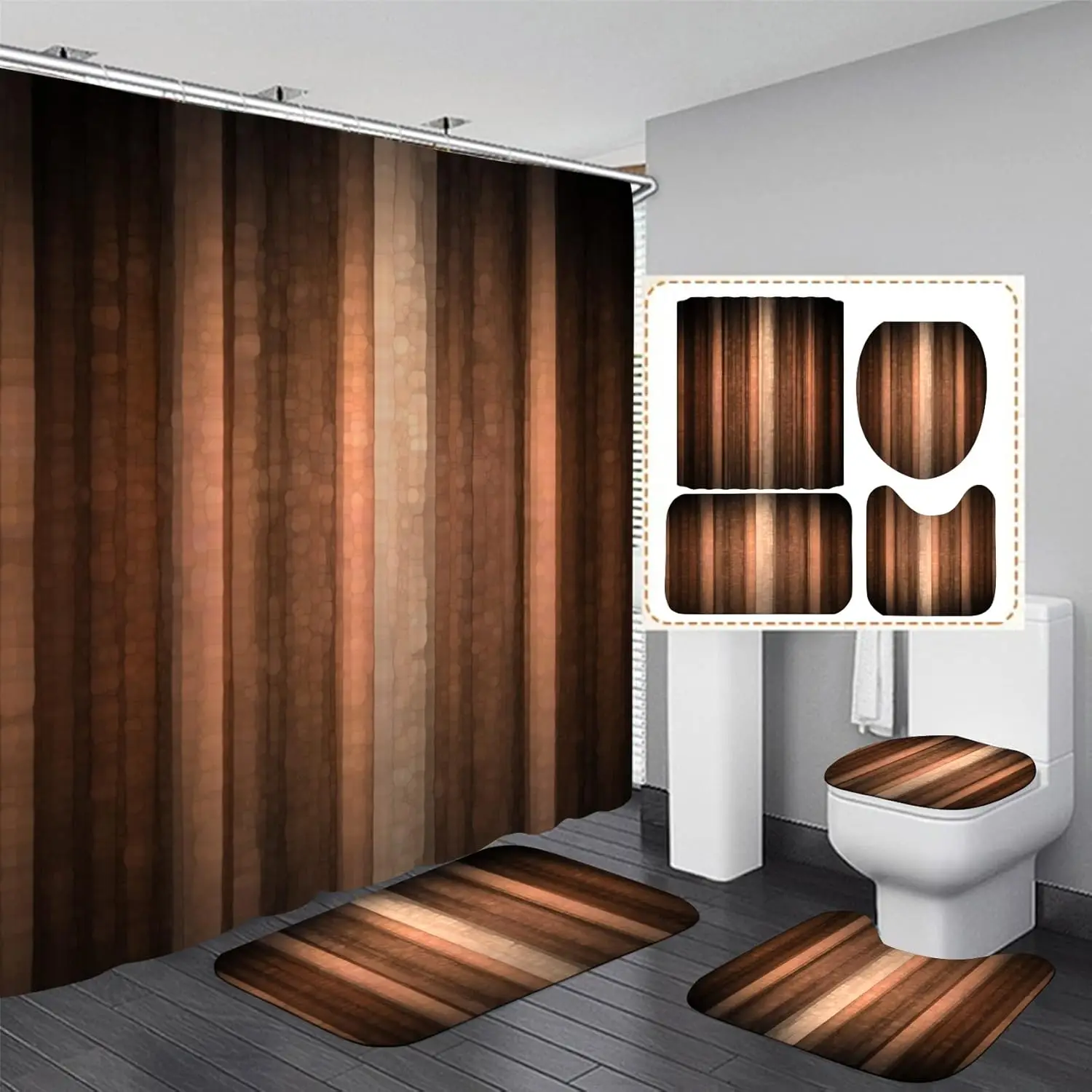 4Pcs Brown Striped Shower Curtain Set,Orange Copper Abstract Fall Bathroom Decor with Rugs,Toilet Lid Cover Vintage Bronze Style