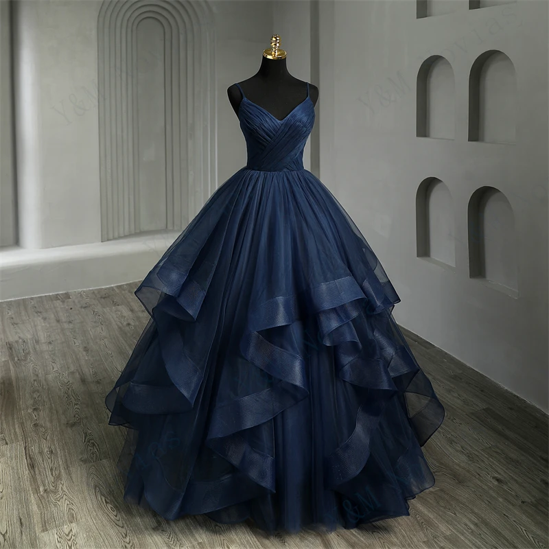 New Boho Navy Blue Quinceanera Dresses Ruffles V neck Spaghetti Straps Simple Party Sexy Princess Gown Vestidos De Quinseanera