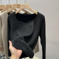 2024 O Neck Winter Sweater For Women Thicken Slim Soft Knitted Tops Plus Velvet Long Sleeve Pullover Casual Warm Malhas Jerseys