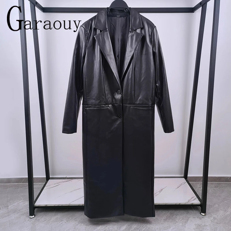 Garaouy 2024 Winter Women Vintage Straight Faux Leather Trench Coat Casual Long Motorcycle Jacket Female PU Outwear Overcoat New