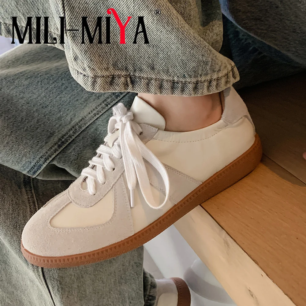 

MILI-MIYA Classic Casual Splicing Upper Style Women Full Genuine Leather Flats Lace Up Big Size 34-40 Handmade For Ladies