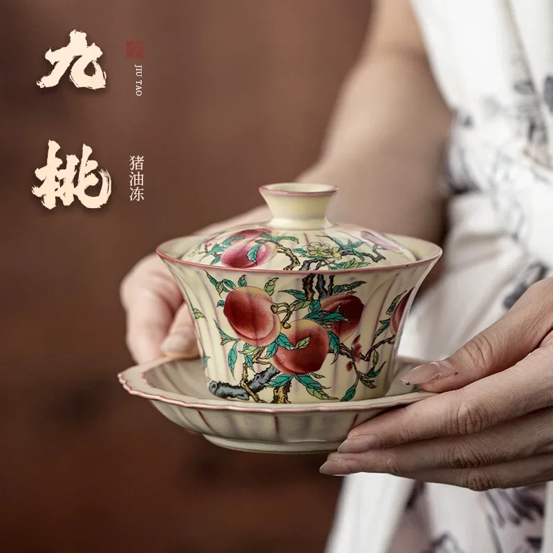 Lard Frozen Ru Kiln Nine Peach Horseshoe Cover Bowl Chinese Retro Hover Three Talent Cover Bowl Household KungFu TeaSet Tea Bowl