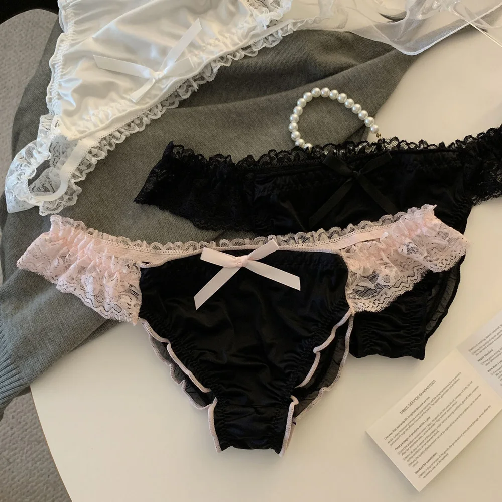 Women's Panties Low-Waist Lace Ruffle Satin Panties Breathable Mesh Hollow Out Underwear Sexy Briefs for Sweet Girls Lingerie