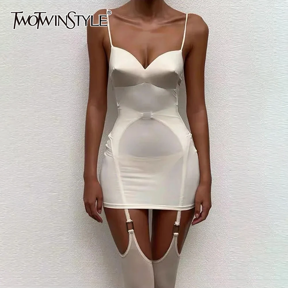 TWOTWINSTYLE White Satin Beach Suit for Women Spaghetti Strap Bodycon Mini Dress with Stretchy Slinky Garter for Romantic Night