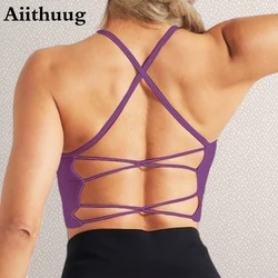 Aiithuug Sexy Crisscross Strappy Back Yoga Bras Women's Thread Hollow Back Shockproof Bra Fitness Sports Dancing Workout Outfits