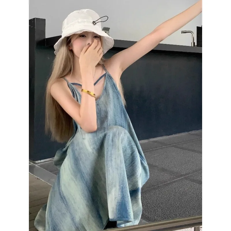 Französische Vintage Subkultur Tie Dye Design Kleider Sommer Neue Y2k Trägerkleid Damen Süße Lose Senior Sense Urlaubskleid