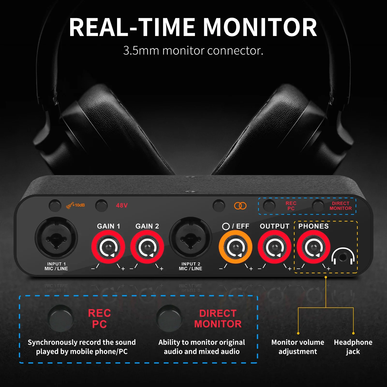 XTUGA Q-26 Professional Audio Interface Sound Card 2-Channel Portable USB Interface With Monitor For Audio Recording Creation