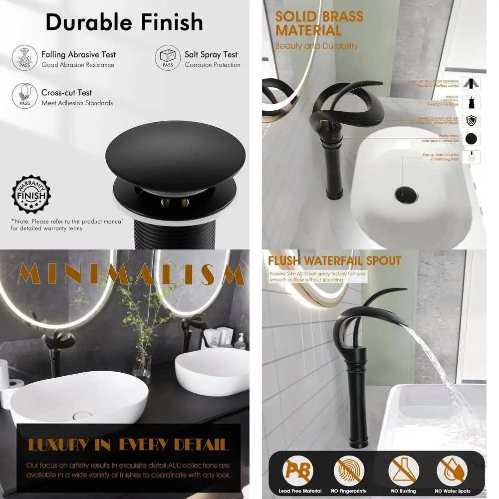 

Stylish Matte Black Single Hole Vessel Sink Faucet, Solid Brass Waterfall Design with Tall Spout and Pop-Up Drain, 128 Character