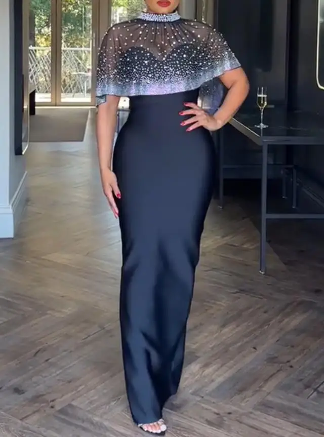 2025 신상 2피스 세트 슬릿 슬림핏 스트랩리스 맥시 드레스, 라인스톤 진주 장식, 하이넥 지퍼 백, 시스루 메쉬 판초 케이프