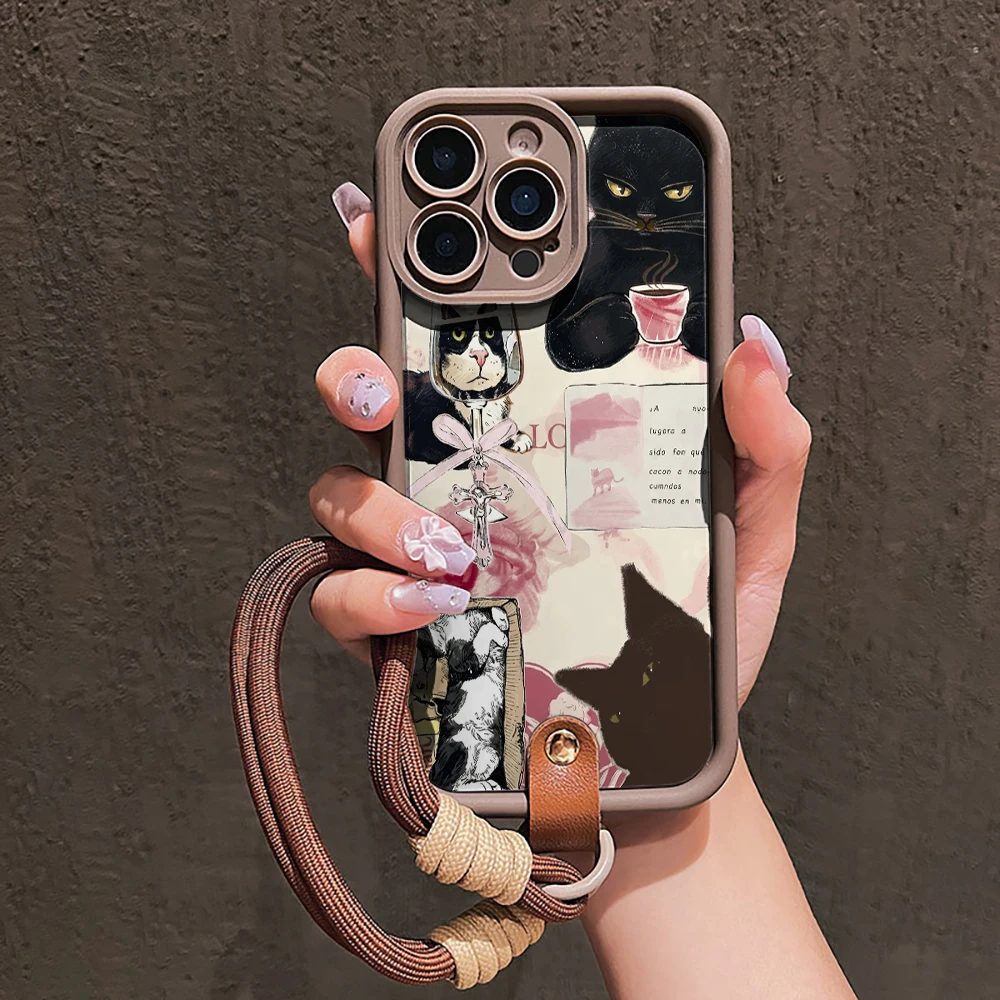Retro Cat Collage Silicone Phone Case For iPhone 17 16 17 Pro 15 14 13 12 11 Pro Max 7 16E 8 Plus XR XS With Lanyard Cute Cover view 3