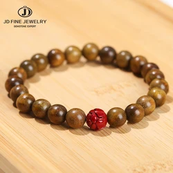 JD Natural Green Sandalwood Bead Purple Cinnabar Carved Lotus Bracelet Women Retro Lucky Stretch Handstring Prayer Elastic Gift