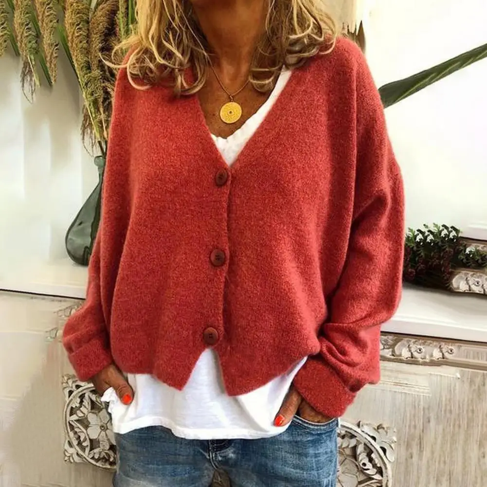 

Knit Top V-neck Knitting Sweater Coat for Women Long Sleeve Solid Color Cardigan Loose Fit Single Breasted Knitwear Solid Color