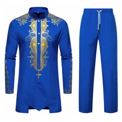 African Golden Printing Muslim Shirt Set Mens Fashion Stand Collar Clothes African Dresses Top Pant Suit Man Casual Costume