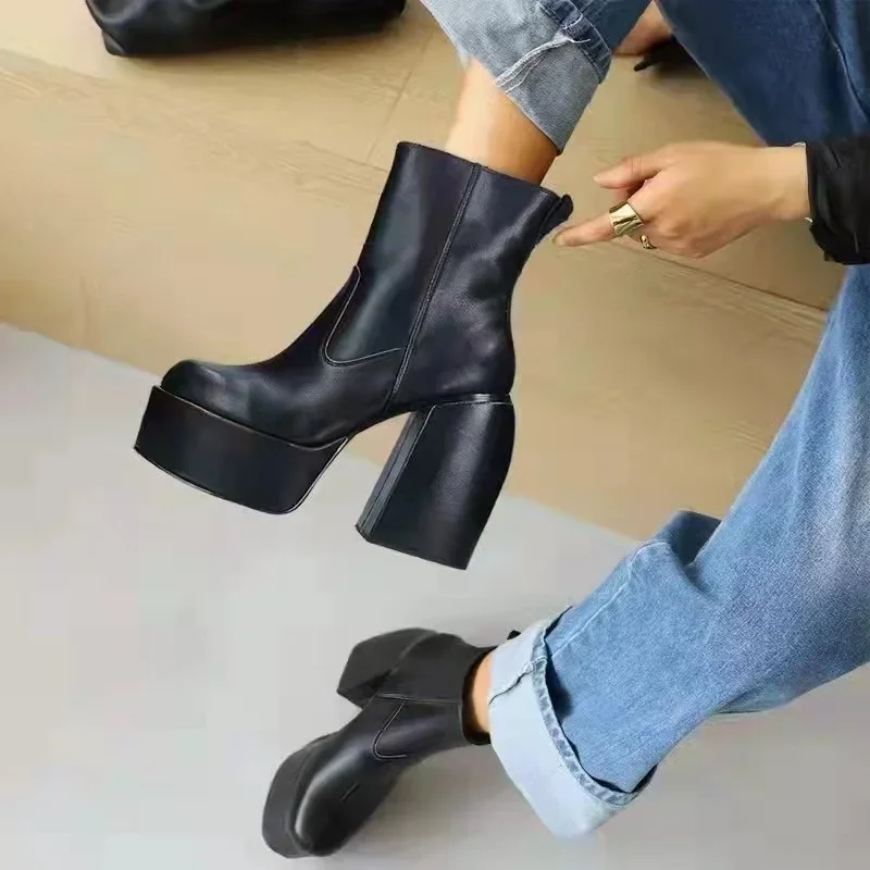 2022 New Women Boots High Heels Chunky Platform Black Big Size 43 Winter Boots Knee High Boot Zipper Matrin Boot Party Shoes