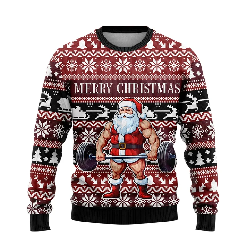 Hot Sale 3d Printed Ugly Christmas Sweater Men Sports Lifting Muscle Santa Claus Hoodies Xmas New Year Crew Neck Sweatshirts